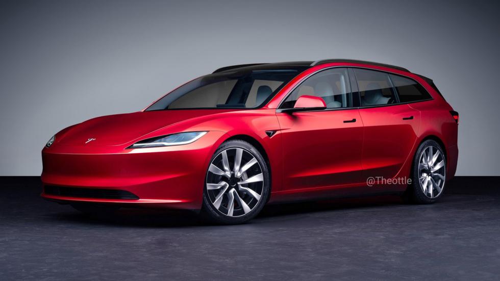 Το μπροστά μέρος του ψηφιακό σχεδίου του Tesla Model 3 wagon.